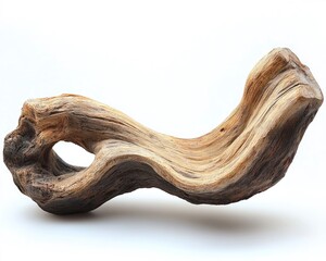 Unique twisted wooden sculpture showcasing natural curves and textures against a plain background