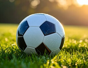 Fototapeta premium Dewy soccer ball rests on a lush green field at sunrise. Perfect for sports, game, and nature themes.