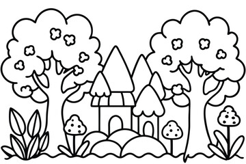 Fototapeta premium Whimsical line art showcases a charming home nestled amidst two trees and mushrooms