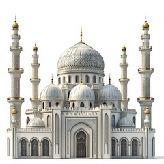 Fototapeta premium Grand Mosque Architecture: An intricately detailed white mosque with golden accents stands majestically against a clear sky, showcasing the architectural brilliance of Islamic design.