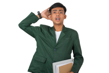 Shocked young college student unexpected reaction isolated background