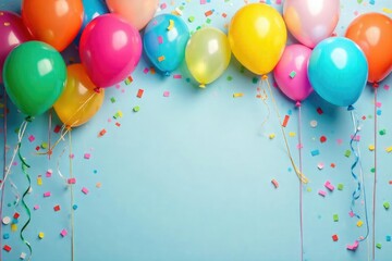 Colorful balloons, streamers, and confetti create a festive party atmosphere , event background, party supplies