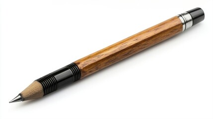 Naklejka premium Elegant Wooden Pencil with Sleek Black Detailing on Isolated White Background for Creative Use
