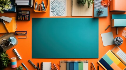 Colorful Workspace with Stationery, Plants, and Creative Supplies on an Orange Background