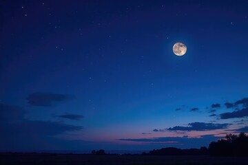 Deep blue twilight sky, scattered with shimmering stars, a moon's gentle glow , universe, night sky