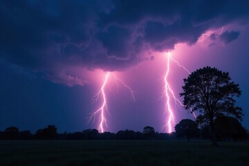 Fork of lightning strikes, trees silhouetted against stormy sky, dark, horizon, intense