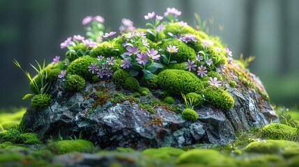 Obraz premium Moss-covered rock with tiny wildflowers