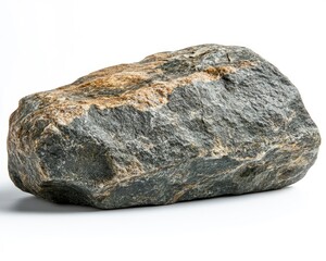 A large, textured rock resting on a white background, showcasing its natural colors and patterns