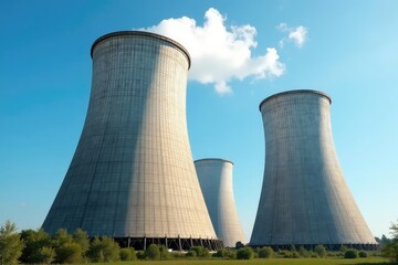 Fototapeta premium Giant industrial cooling towers against a blue sky, showcasing their intricate structure and scale , heat, infrastructure