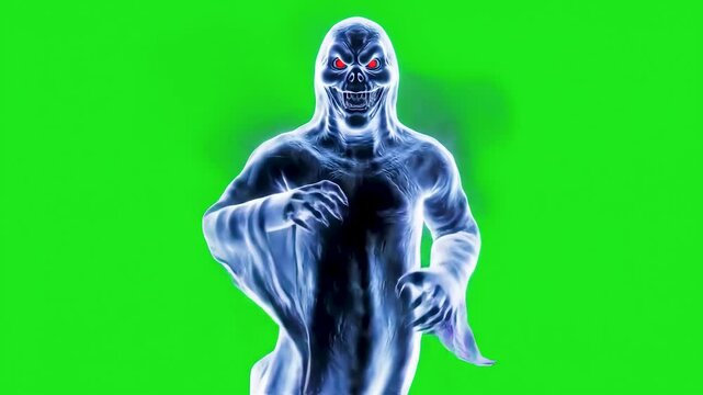 A terrifying ghot with glowing red eyes emerges menacing, skittish expression on a green screen background, perfect for Halloween themes. Seamless loop, horror videos