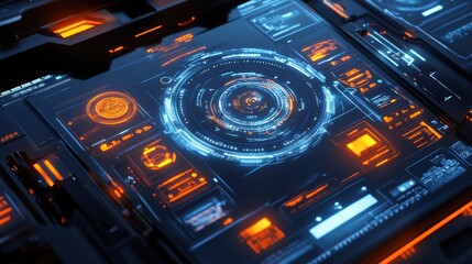 Obraz premium Futuristic Technology Dashboard with Blue and Orange Interface Design