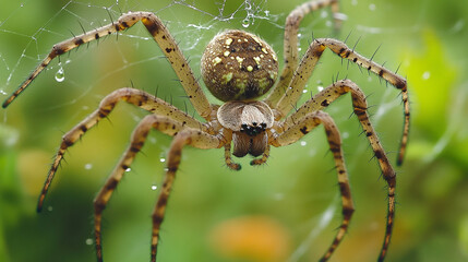 Fototapeta premium Spider on its web in nature green background dew drops