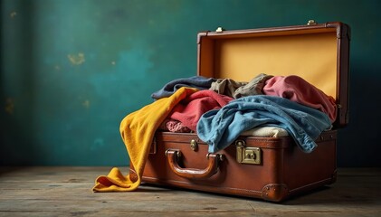 Overstuffed vintage suitcase overflowing with clothes , clothes, old, travel
