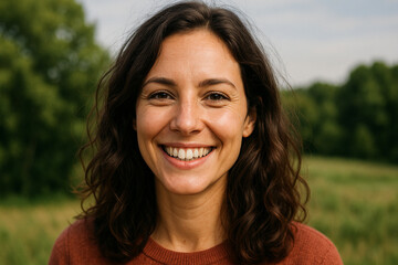 Young natural woman smiling warmly outdoors on a sunny day.