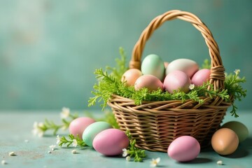 Naklejka premium Rustic woven Easter basket filled with pastel eggs and greenery , stylish, floral