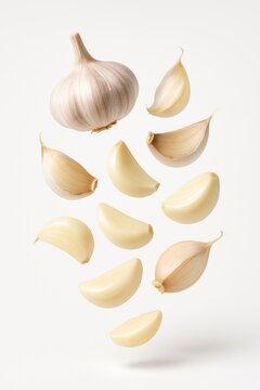 Whole and Peeled Garlic Cloves Floating on White Background
