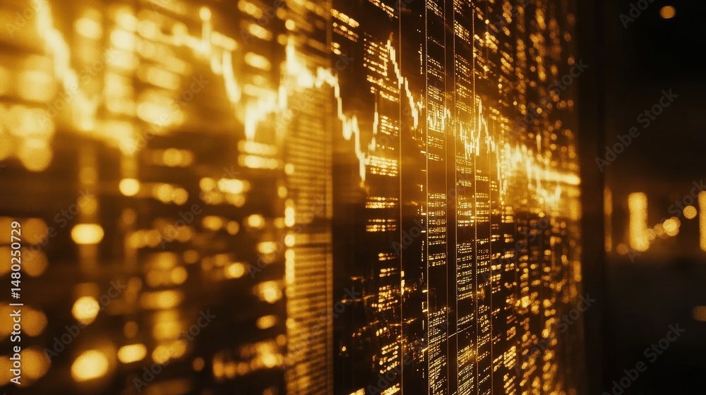 Poster Golden Data Visualization with Financial Graphs and Abstract Patterns