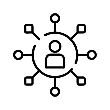 line icon showing customer in center of digital touchpoints, omnichannel experience concept, black and white minimal vector illustration