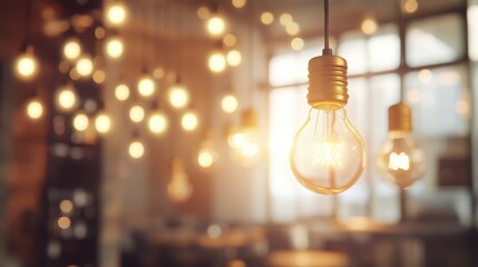 Warm Vintage Light Bulb Among Soft Glowing Lights in Cafe Setting