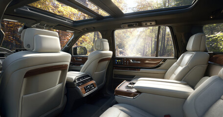 Luxurious car interior with leather seats, panoramic sunroof, and wooden accents, surrounded by autumn foliage