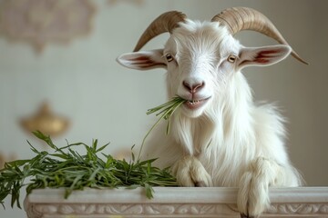 White goat eating grass in a luxurious interior.