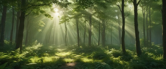 Fototapeta premium Sunlight filters through dense foliage, creating luminous shafts in vibrant green forest , filter, tranquil, vibrant