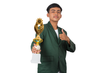 Happy and proud young college student standing holding golden trophy celebration success isolated background