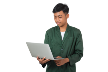 Focused young college student standing using laptop isolated background