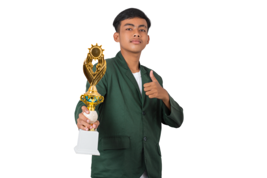 Happy and proud young college student standing holding golden trophy celebration success isolated background