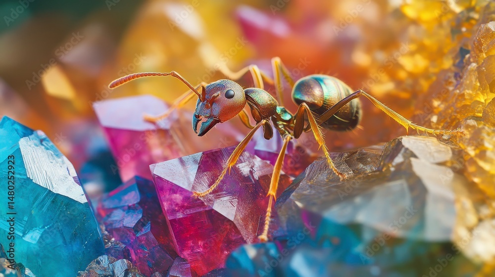Poster a vibrant iridescent ant stands atop a cluster of colorful crystals.