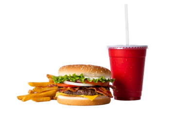 Delicious Bacon Cheeseburger Meal with Fries and Red Drink