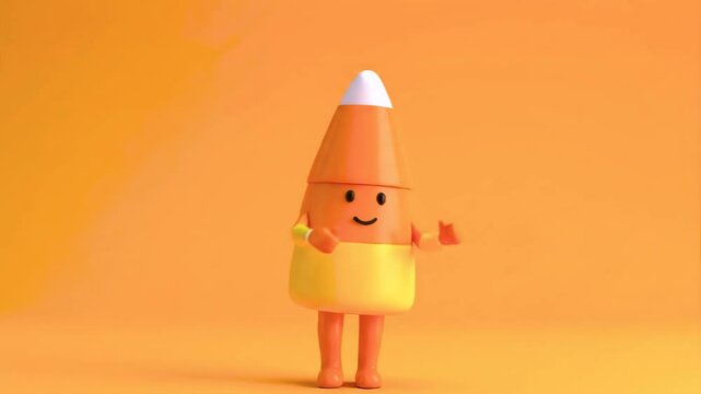 3D rendering of Adorable and cute candy corn character in a cheerful Halloween costume, waving against a vibrant orange background. Seamless loop videos