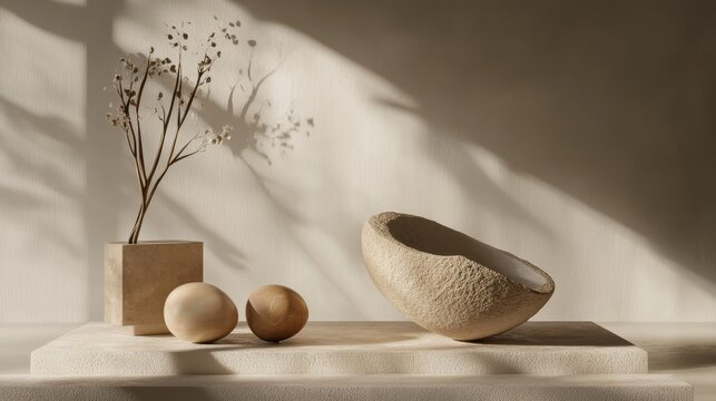 Minimalist Still Life with Textured Bowl and Wooden Objects
