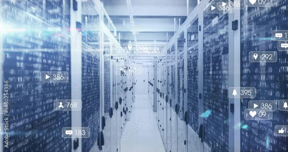 Poster 3d render showing server cabinets lining corridor, streaming binary code with floating social icons