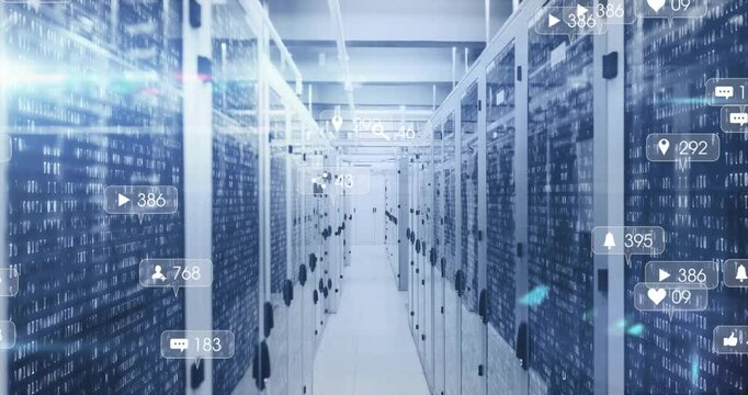 3D render showing server cabinets lining corridor, streaming binary code with floating social icons