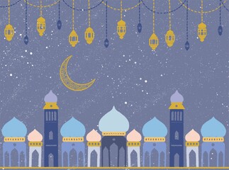 Mosque eid ramadan theme landscape with starry sky illustration