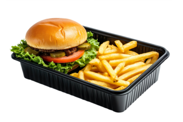 Cheeseburger with lettuce, tomato, and pickles, served alongside crispy golden fries in a black plastic rectangular parcel box isolated on transparent background