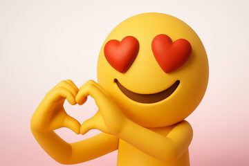 Heart-eyed emoji making a hand heart gesture on a soft pink gradient background, symbolizing love, affection, and positivity.