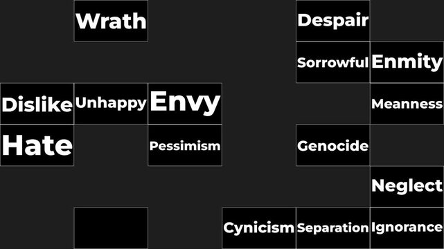 six by six grid filled with a large number of words specifically related to the concept of war emphasizing negativity feelings of hatred and the presence of evil within the textual representation
