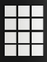 Black panel with twelve white square frames