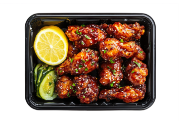 Crispy fried chicken glazed in a spicy-sweet sauce, served with pickled radish and a wedge of lemon, arranged in a black plastic rectangular parcel box isolated on transparent background