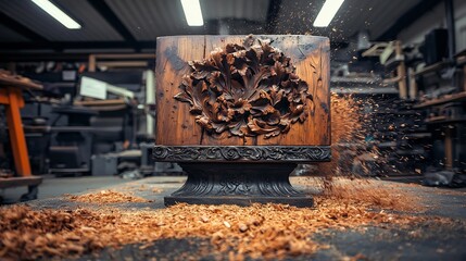Ornate wooden carving in a workshop