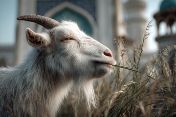 Fototapeta premium Close-up of a white goat grazing in tall grass.