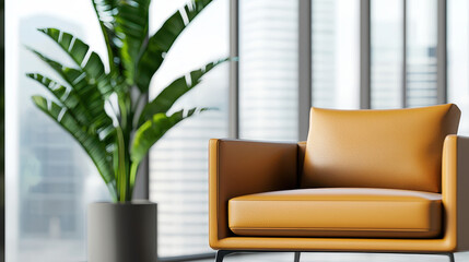 Modern orange armchair beside green potted plant in bright, contemporary office space with large windows showcasing city view