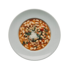 Pasta E Fagioli On White Plate, Top View. On An Isolated Transparent Background 