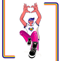 Pride Celebration Character with Heart Hand Gesture vector illustration. Vibrant character in dynamic pose wearing a rainbow heart shirt for Pride campaigns, posters, stickers, inclusive branding