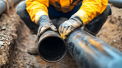Construction Worker Handling Large Pipeline