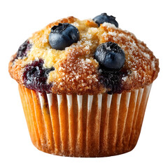 blueberry muffin with sugar crystal topping in brown paper cup, isolated on transparent background