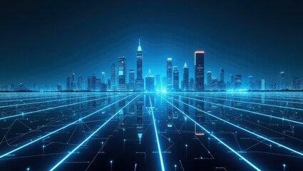 Fototapeta premium Futuristic cityscape at night with glowing digital networks and high-speed data flow in the sky