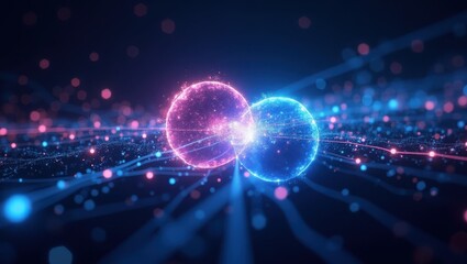 Obraz premium Futuristic representation of quantum entanglement showcasing particles spinning in opposite directions